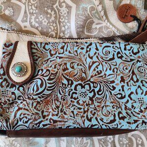 Brand new, Turquoise print, cowhide and leather, clutch purse